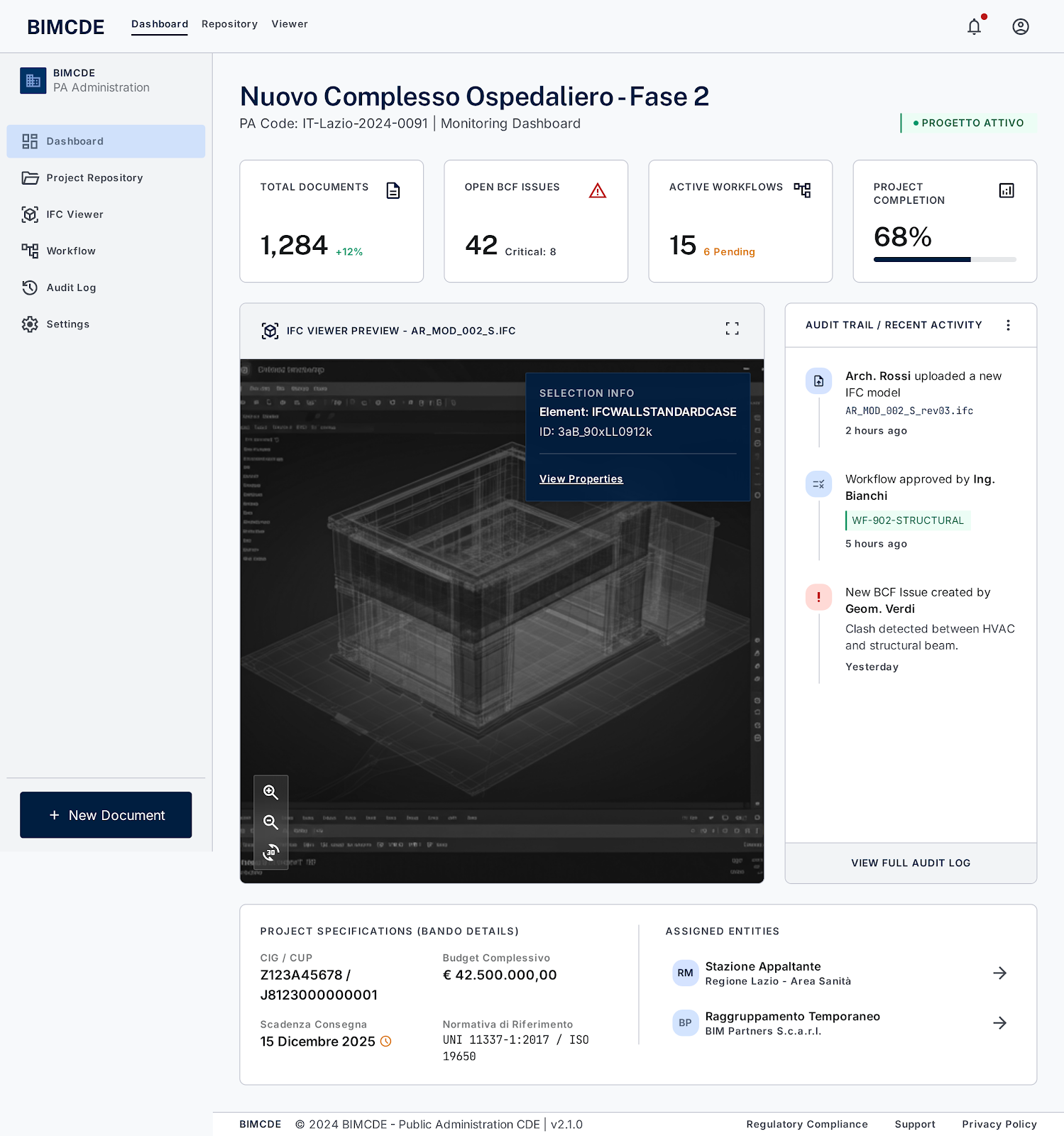 Dashboard BIMCDE con viewer IFC, documenti, issue BCF e audit trail